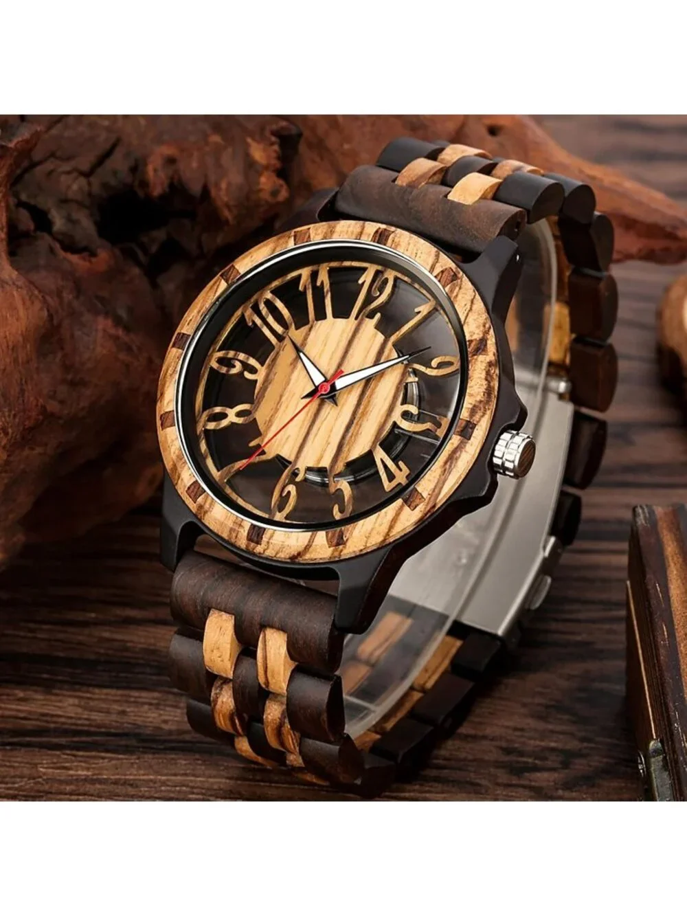 Mens Dark Brown Quartz Ebony Zebra Fold over Clasp Wood Strap Round Wooden Watch